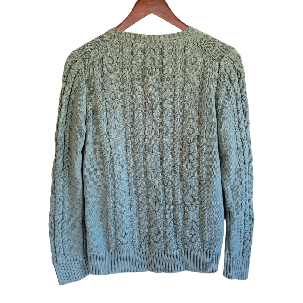 LLBean Fisherman Cable Knit Sweater Crew Neck Green Womens Small - Picture 2 of 6
